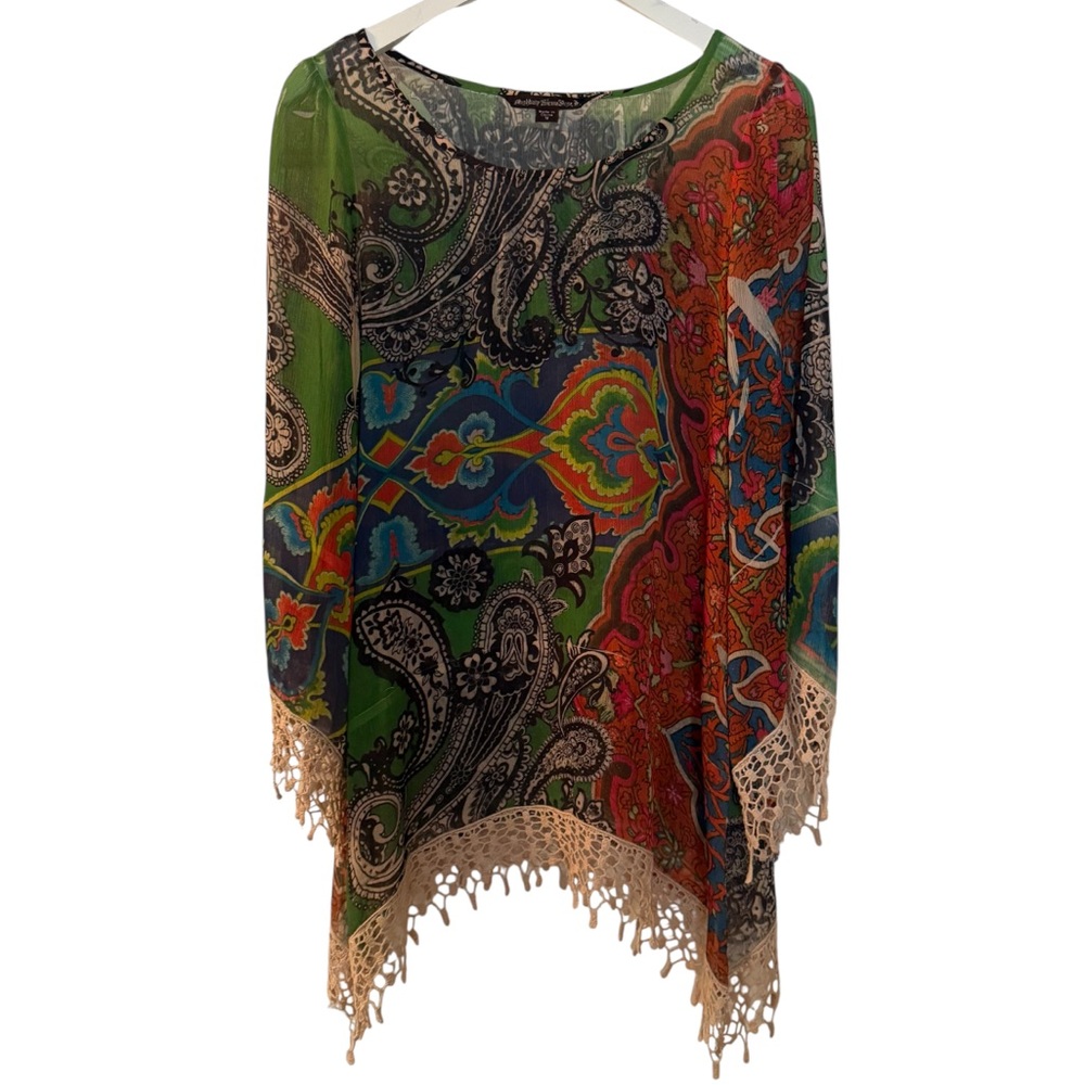 Mushka Sienna Rose long sleeve tunic top paisley crochet hem green blue orange M